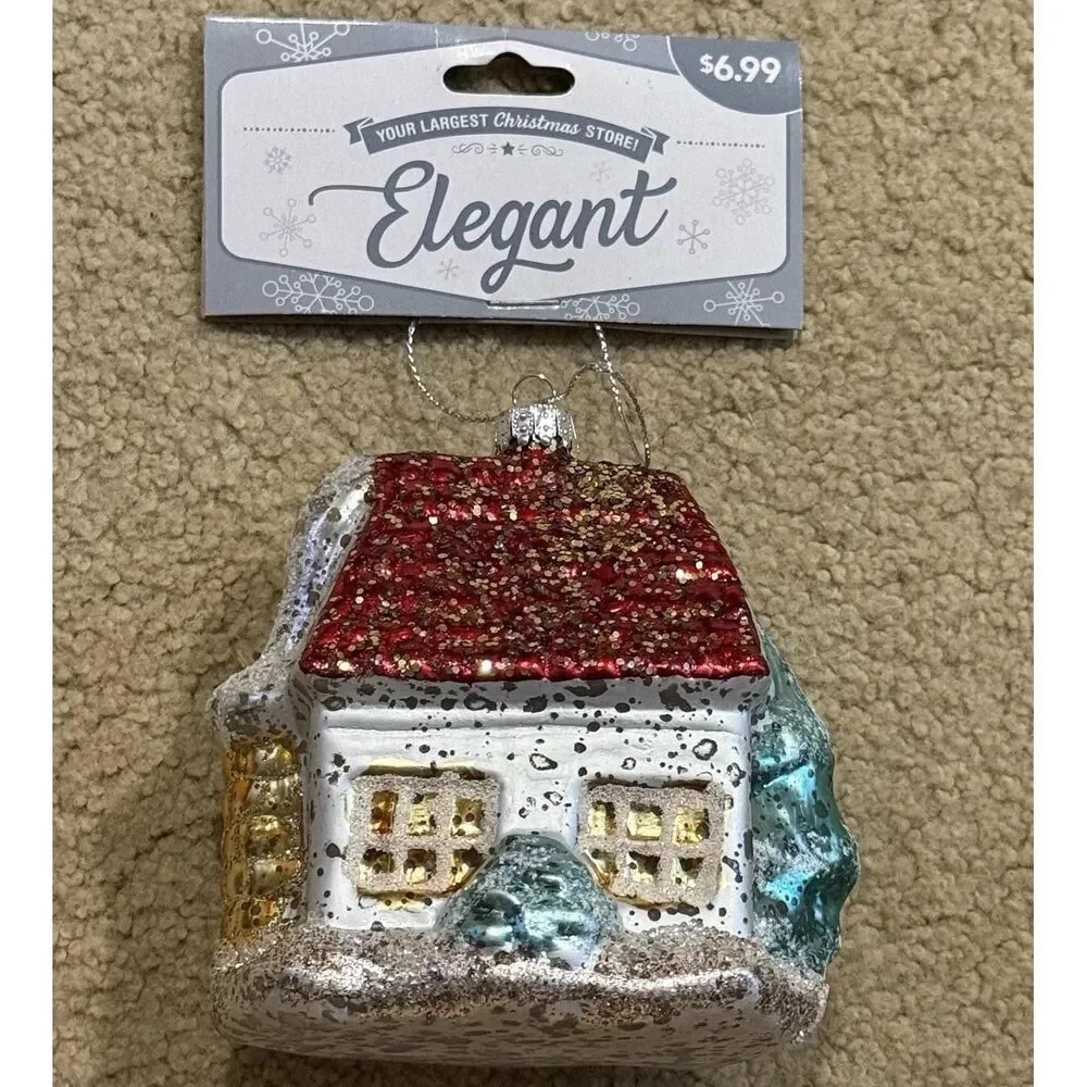 Vintage House Christmas Ornament Glass Glittered 4